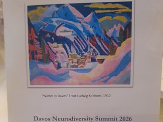 A printed program for the Davos Neurodiversity Summit 2026, featuring Ernst Ludwig Kirchner's "Winter in Davos."