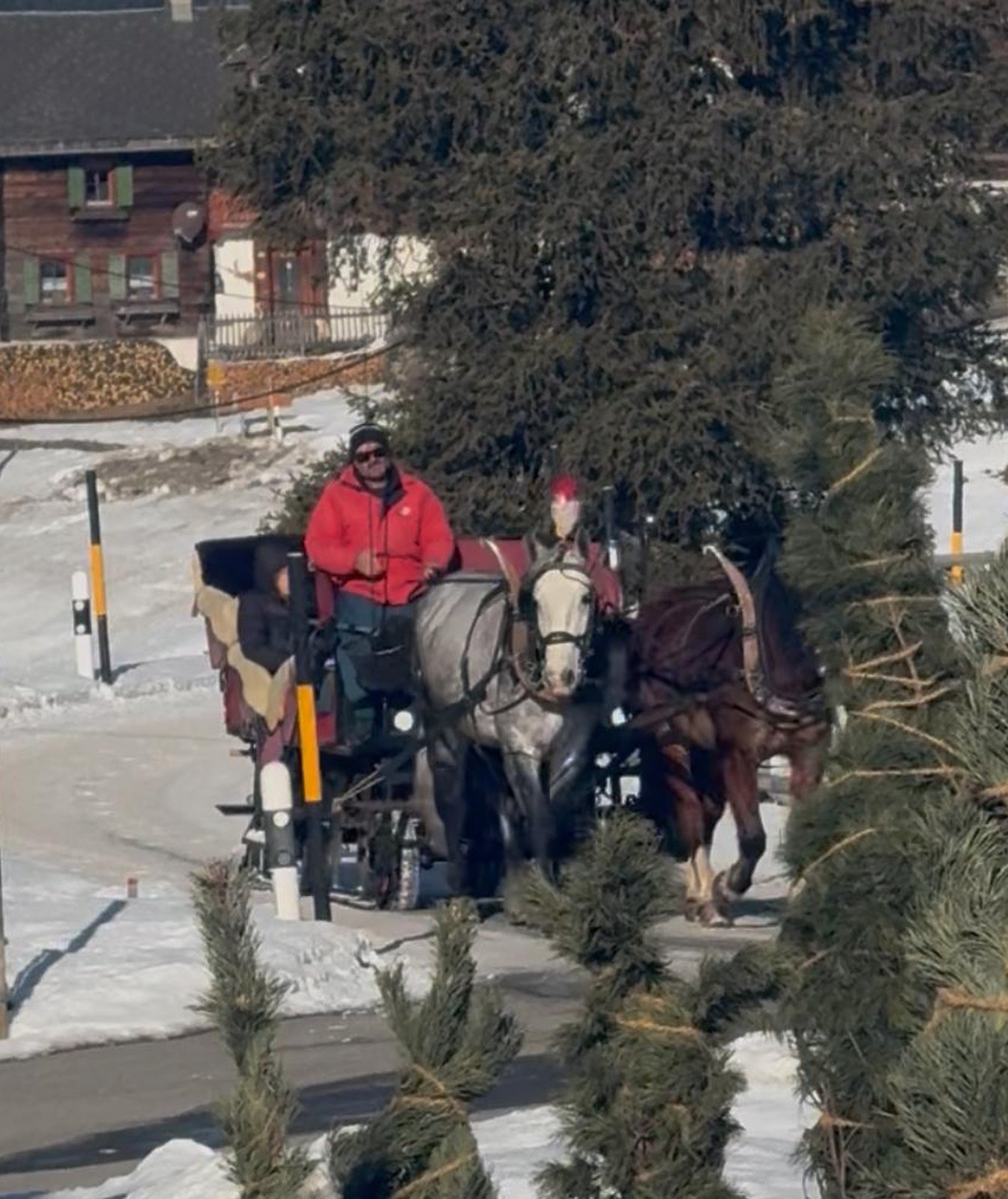 A horse-drawn carriage traveling through the snow toward the chalet workshop venue