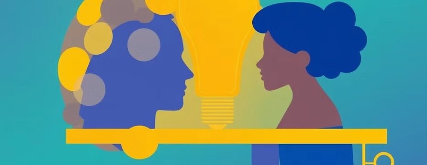 Illustration of two profiles facing each other in balance beneath a lightbulb.