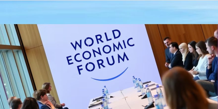 Delegates seated around a table before a World Economic Forum screen in Davos.